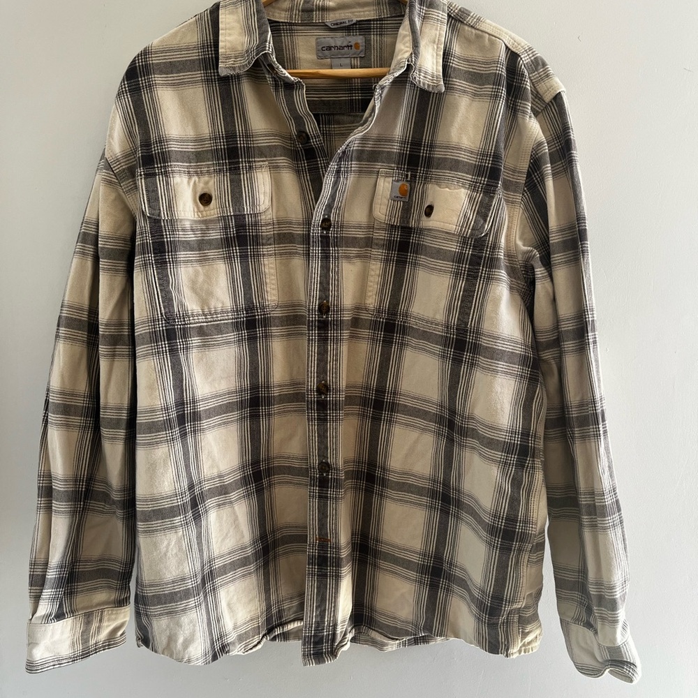 Carhartt Men's Casual Button Down Shirt - Black and Cream Plaid